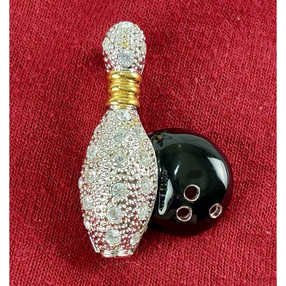 Roman Bowling Pin Ball Brooch Vintage Pave Rhinestone Silver Tone Black Enamel